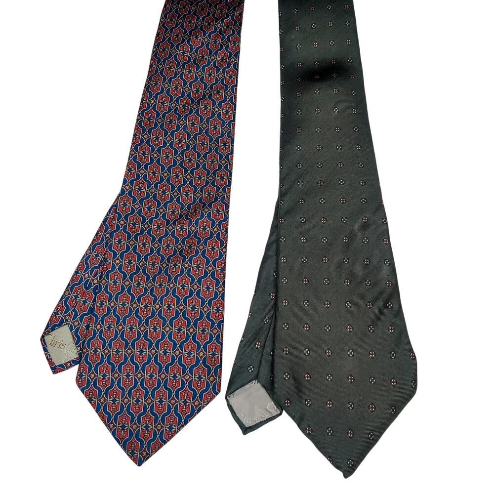 Lot of 2 Christian Dior Geometric Silk Neckties Blue Red Green Designer Art Deco